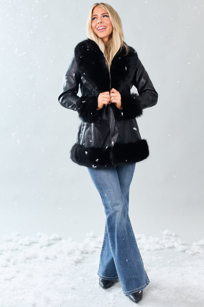 Black Faux Leather Fur Trim Long Coat