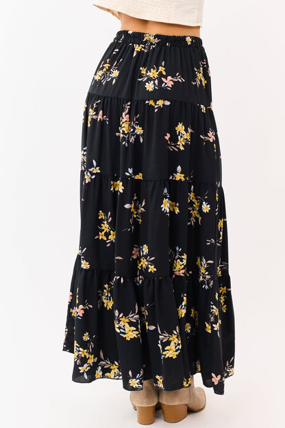 Black Floral Print Elastic Waist Tiered Maxi Skirt
