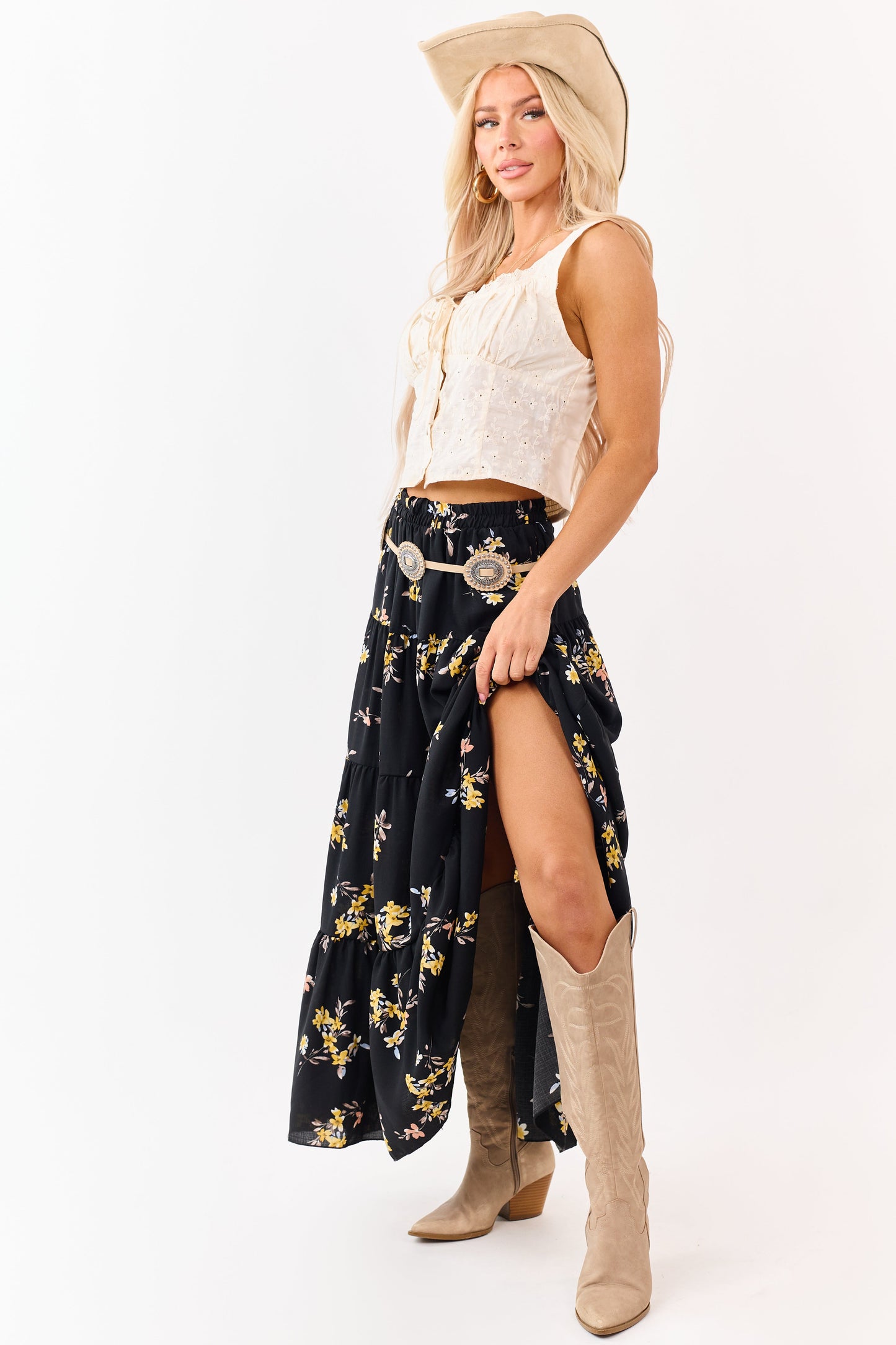 Black Floral Print Elastic Waist Tiered Maxi Skirt