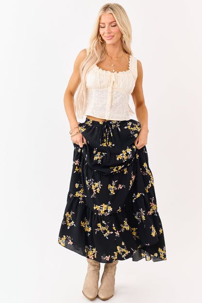 Black Floral Print Elastic Waist Tiered Maxi Skirt