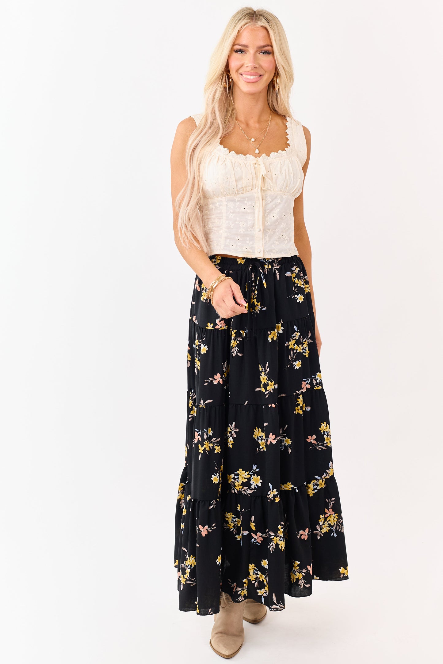 Black Floral Print Elastic Waist Tiered Maxi Skirt