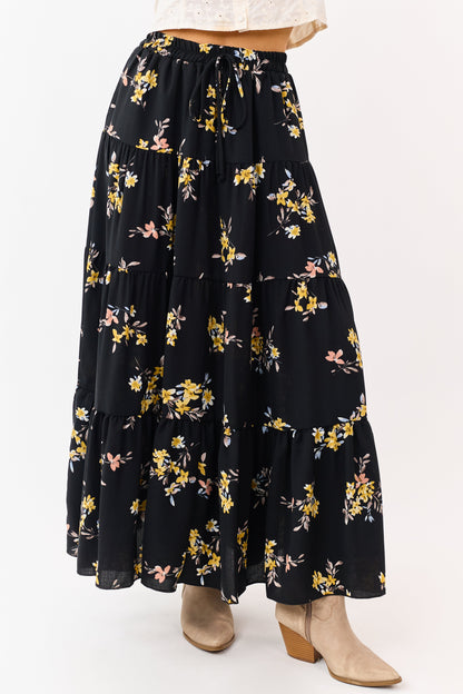 Black Floral Print Elastic Waist Tiered Maxi Skirt