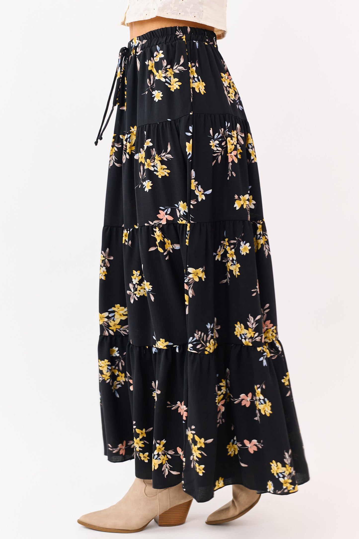 Black Floral Print Elastic Waist Tiered Maxi Skirt