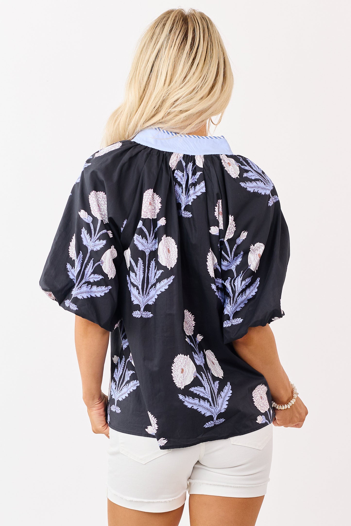 Black Floral Print Half Puff Sleeve Cotton Top