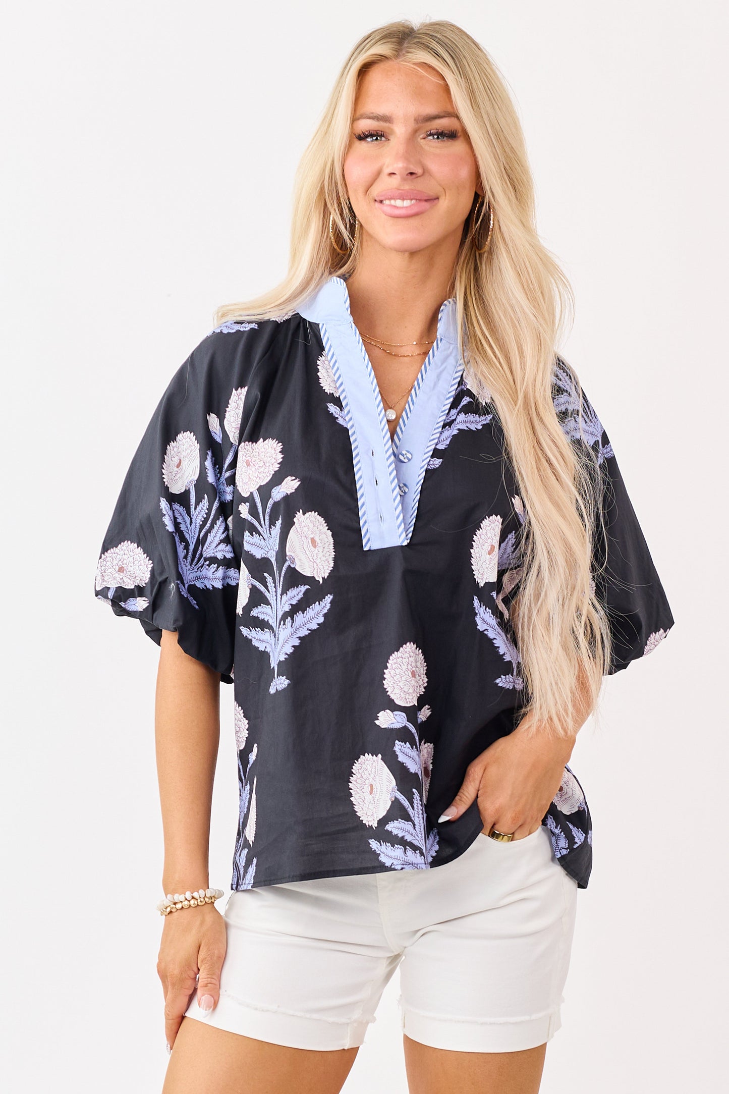 Black Floral Print Half Puff Sleeve Cotton Top