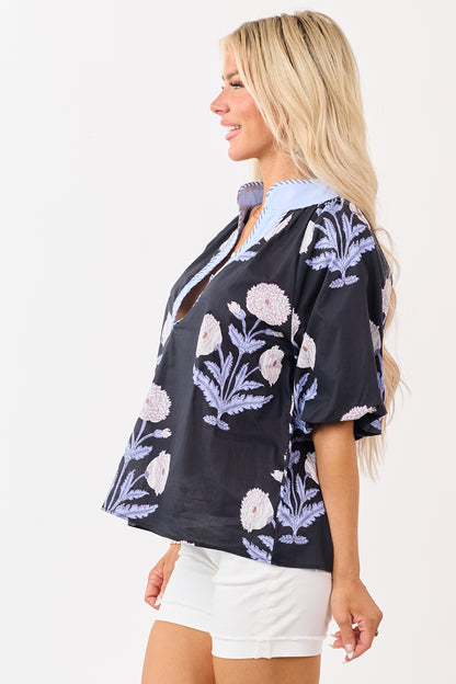 Black Floral Print Half Puff Sleeve Cotton Top