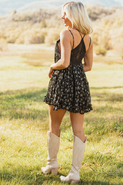 Black Floral Print Lace Bust Sleeveless Romper