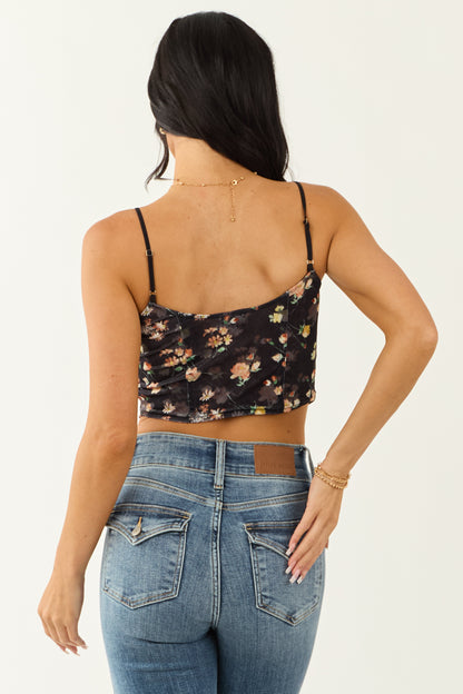 Black Floral Print Velvet Cropped Tank Top