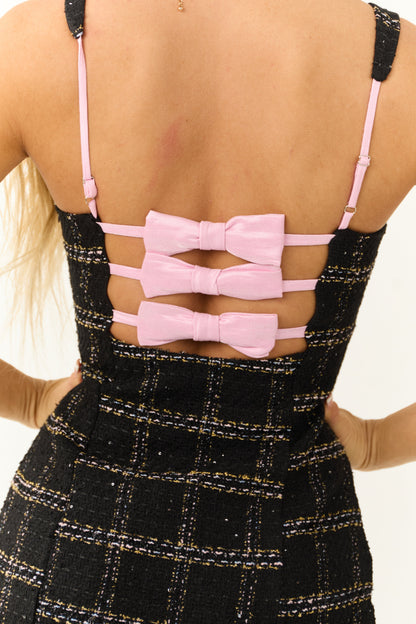Black Plaid Sweetheart Tweed Bow Back Mini Dress