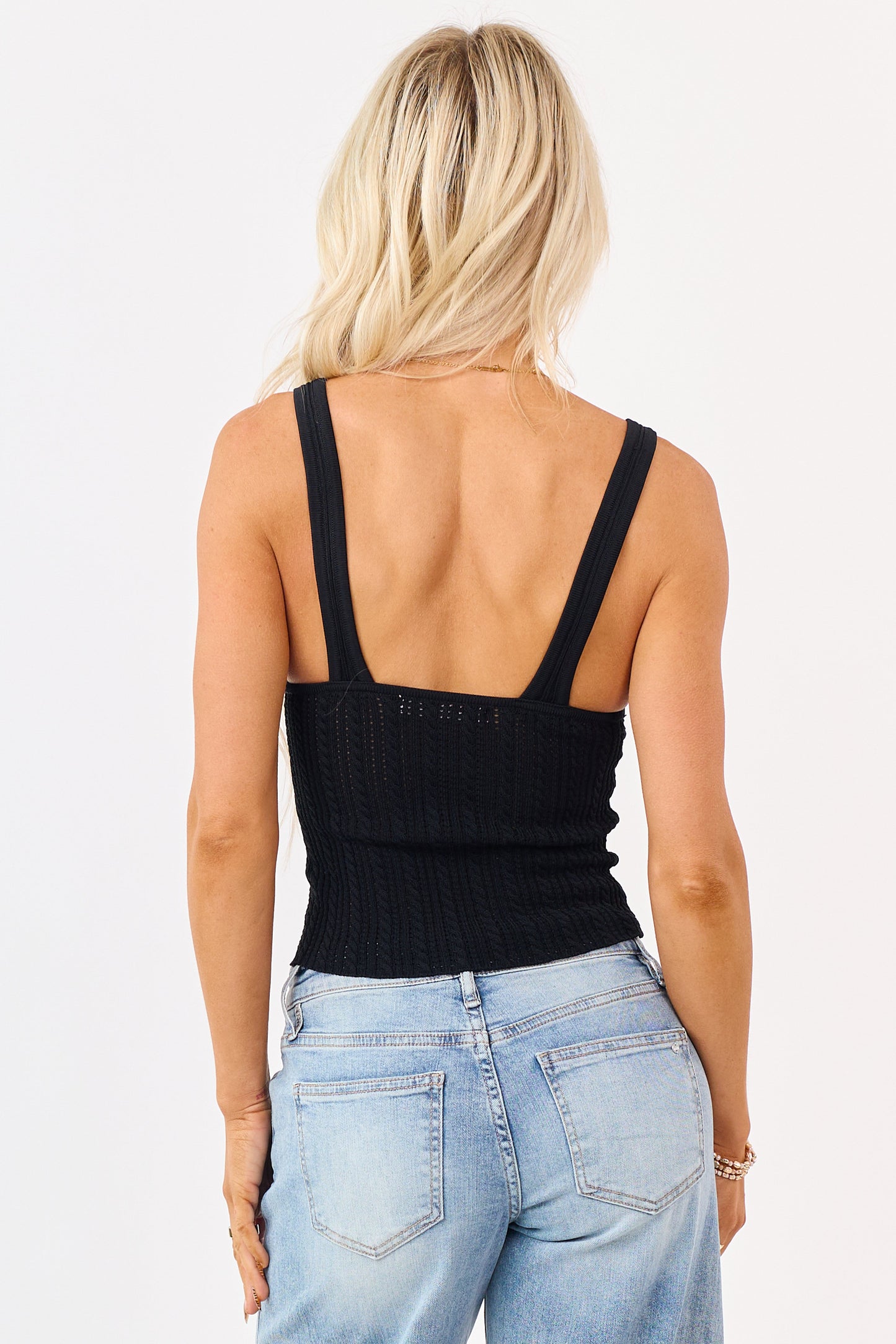 Black Pointelle Cable Knit V-Neck Tank Top