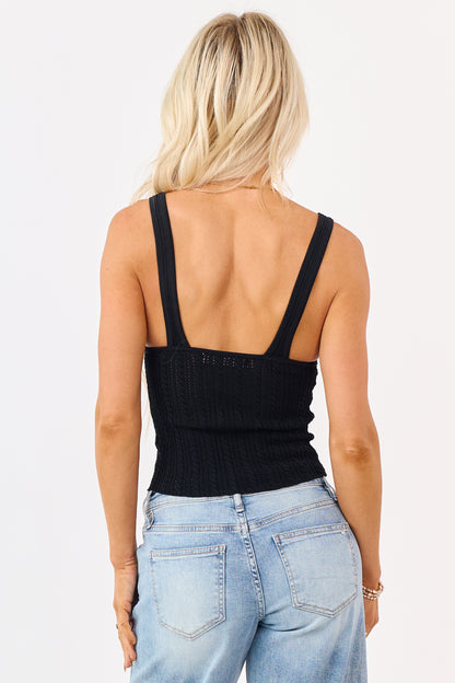 Black Pointelle Cable Knit V-Neck Tank Top