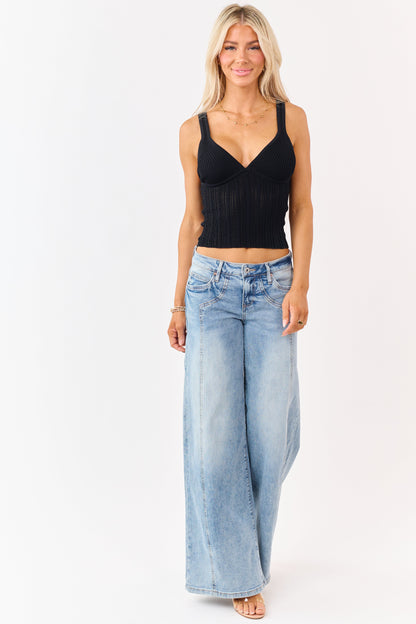 Black Pointelle Cable Knit V-Neck Tank Top