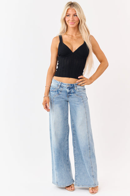 Black Pointelle Cable Knit V-Neck Tank Top