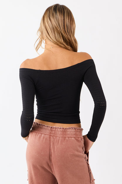 Black Pointelle Off Shoulder Long Sleeve Top