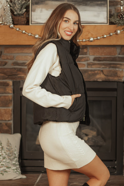 Black Reversible Faux Fur Quilted Zip Up Vest