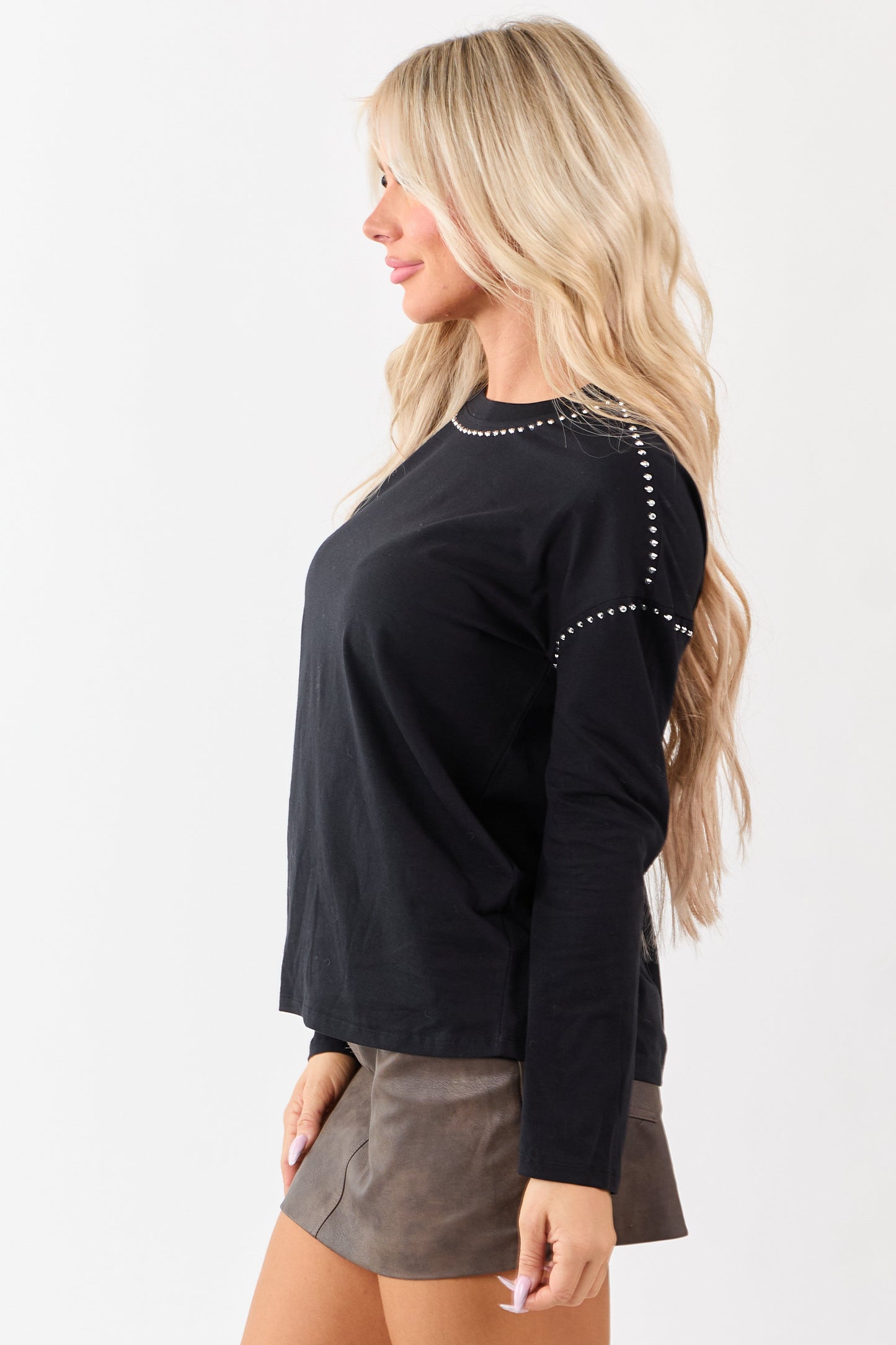 Black Rhinestone Stud Detail Knit Long Sleeve Top