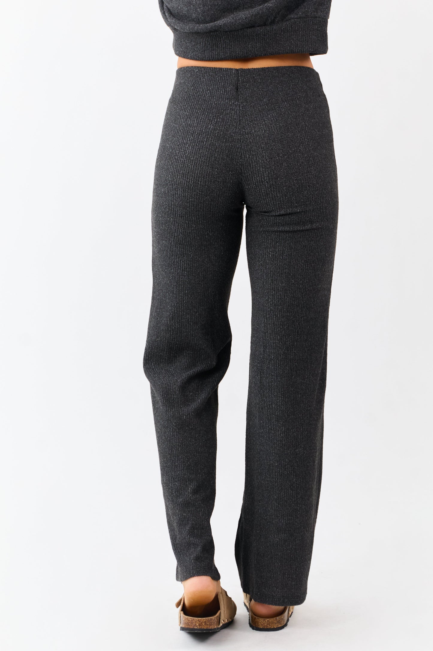 Charcoal Rib Knit Elastic Waist Wide Leg Pants