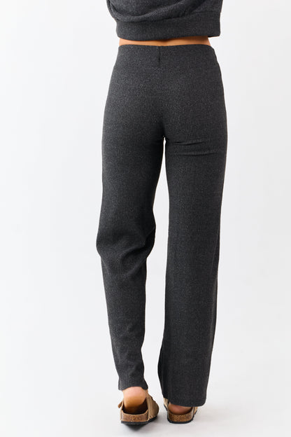Charcoal Rib Knit Elastic Waist Wide Leg Pants