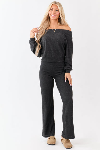 Charcoal Rib Knit Elastic Waist Wide Leg Pants