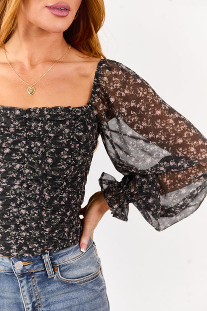 Black Ruched Floral Print Puff Sleeve Top