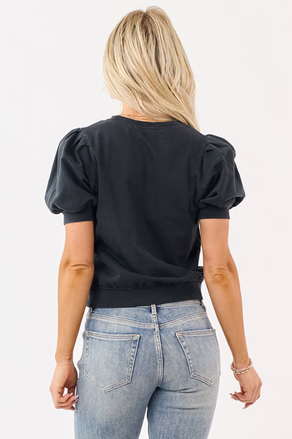 Black Short Puff Sleeve V Stitch Cotton Top