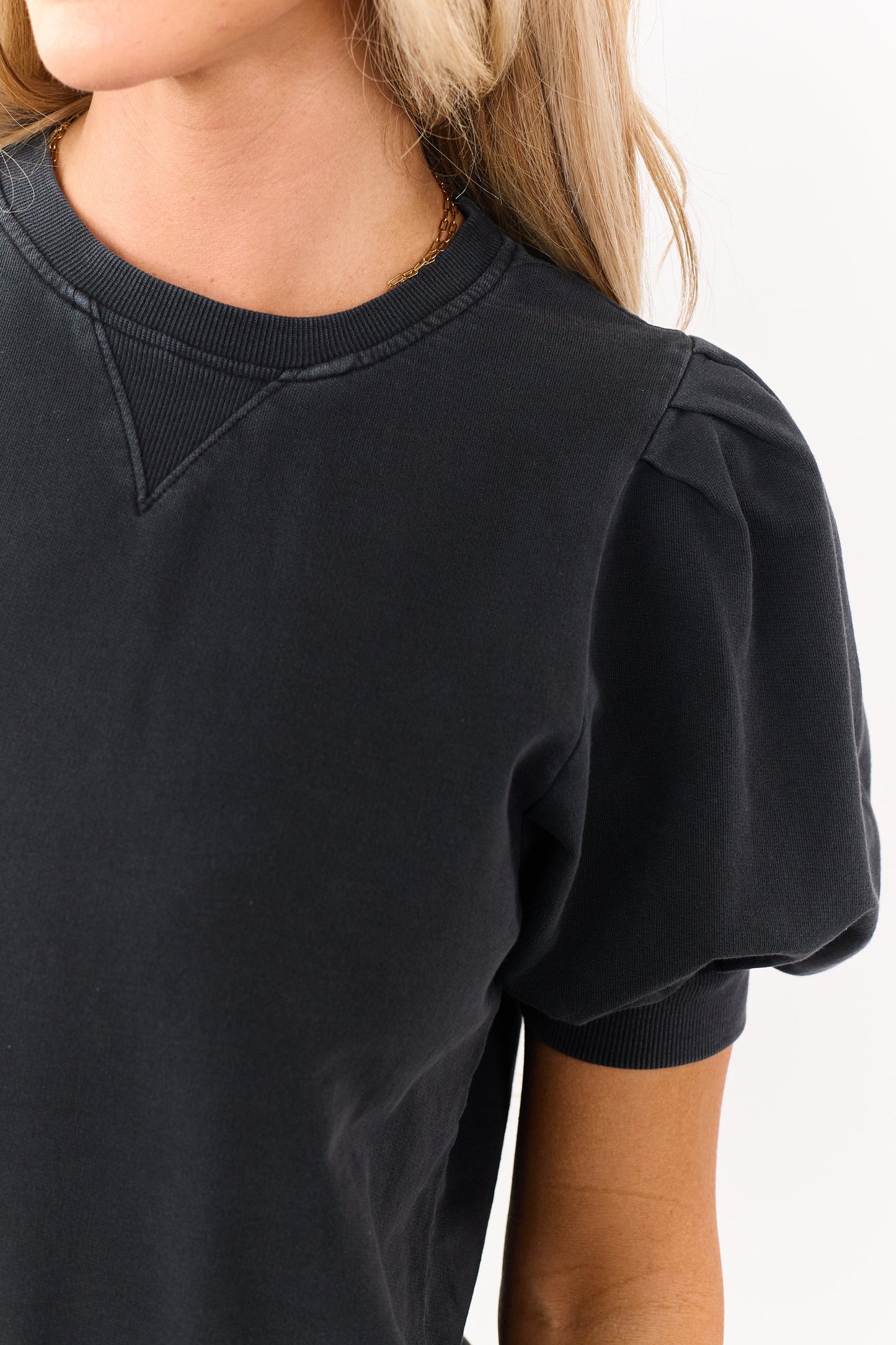 Black Short Puff Sleeve V Stitch Cotton Top