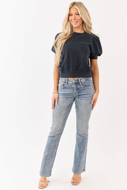 Black Short Puff Sleeve V Stitch Cotton Top