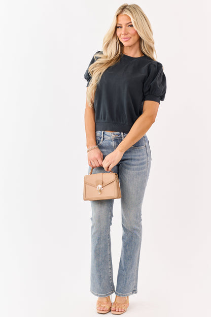 Black Short Puff Sleeve V Stitch Cotton Top