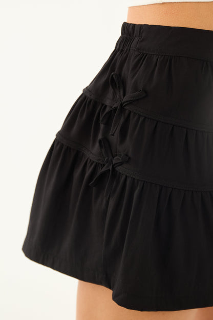 Black Side Bow Detail Tiered Smocked Waist Shorts