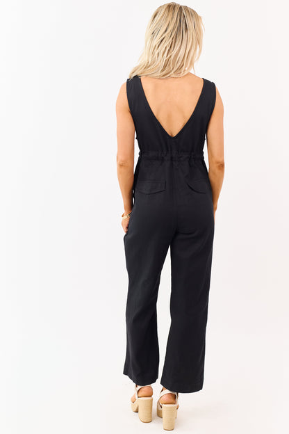 Black Sleeveless Deep V Neck Denim Jumpsuit