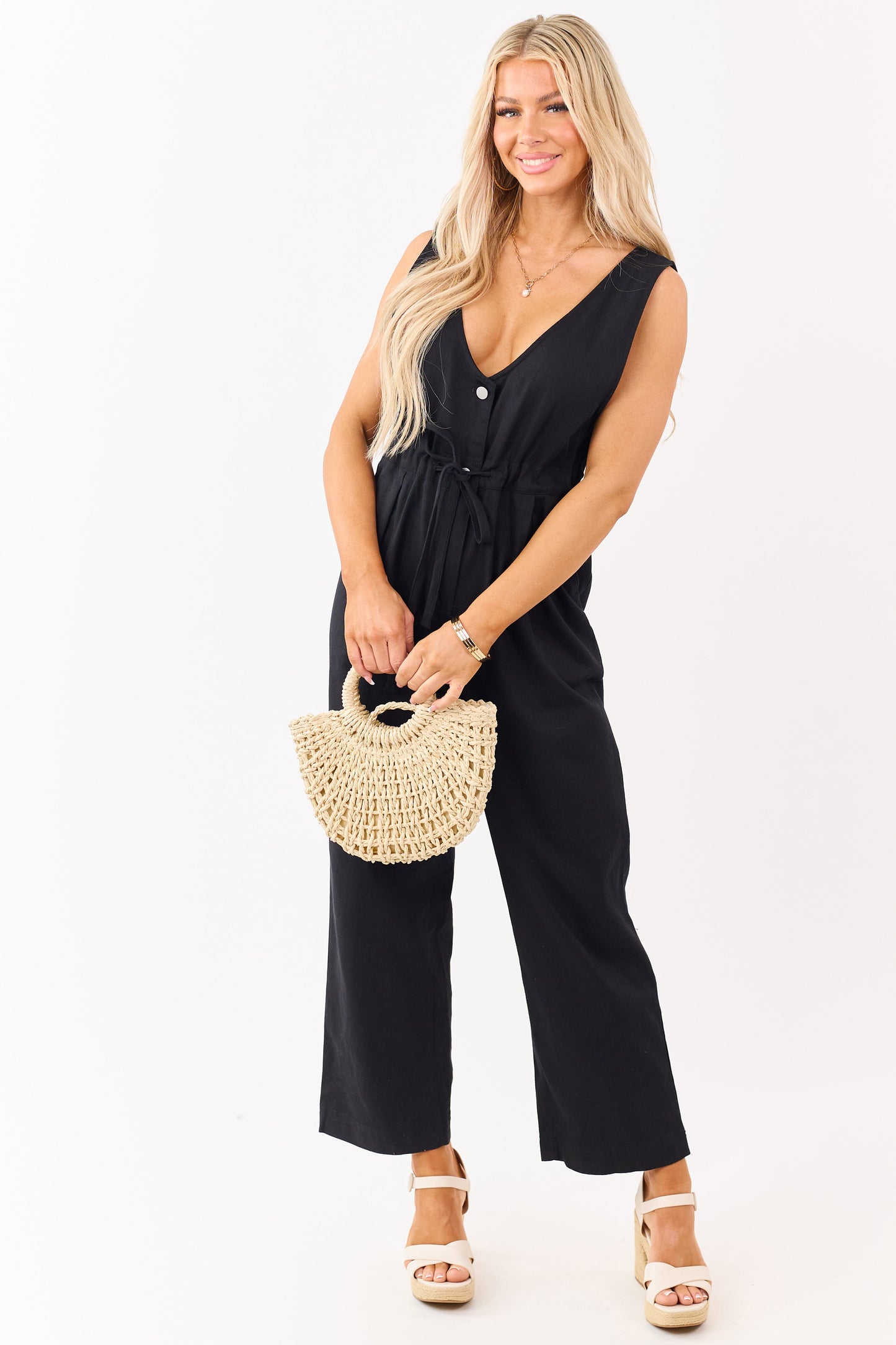 Black Sleeveless Deep V Neck Denim Jumpsuit