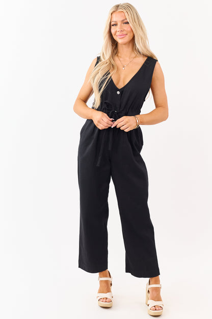 Black Sleeveless Deep V Neck Denim Jumpsuit