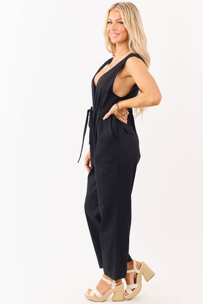 Black Sleeveless Deep V Neck Denim Jumpsuit