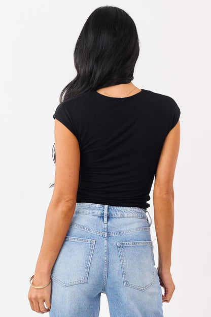 Black Soft Knit Round Neck Cap Sleeve Top