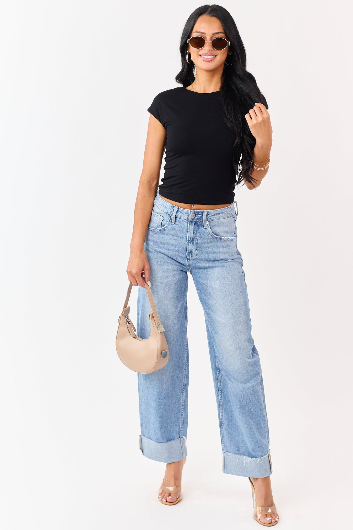 Black Soft Knit Round Neck Cap Sleeve Top