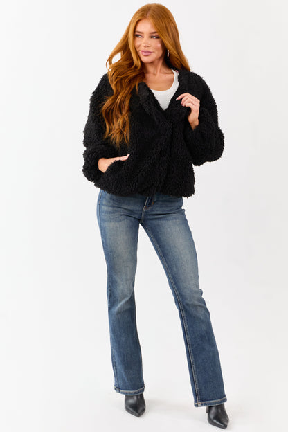 Black Soft Sherpa Snap Button Up Relaxed Jacket