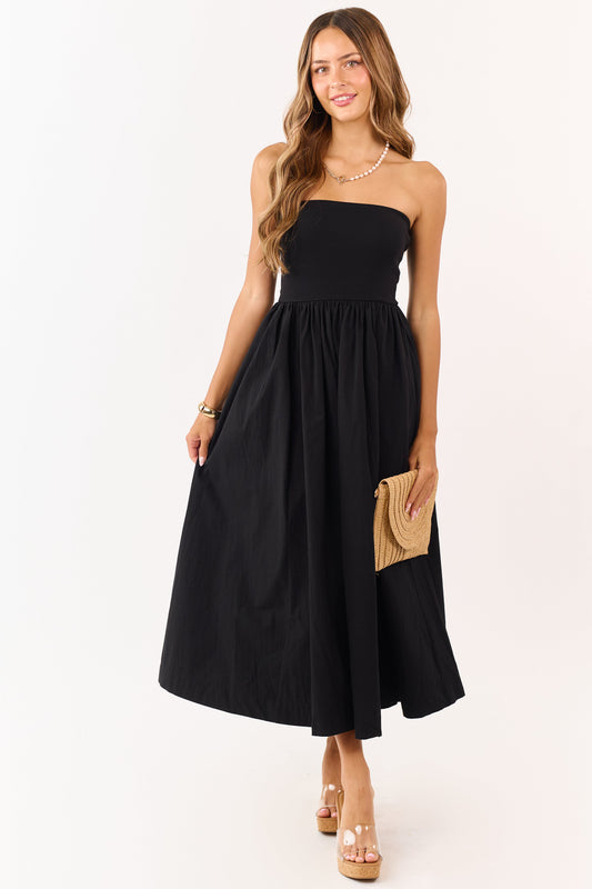 Black Strapless Knit Contrast Cotton Maxi Dress