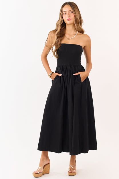 Black Strapless Knit Contrast Cotton Maxi Dress