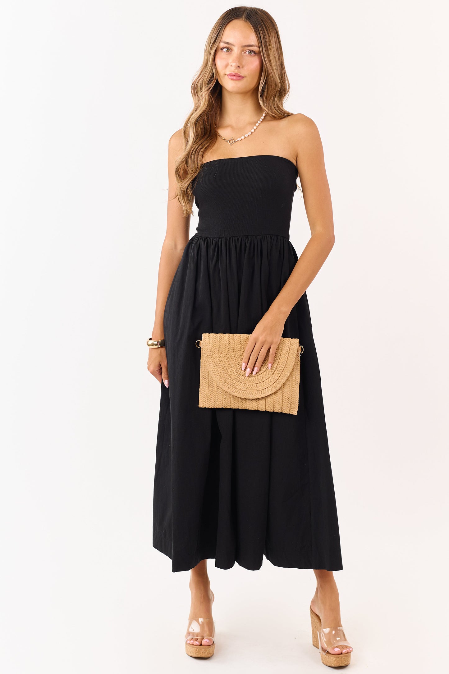 Black Strapless Knit Contrast Cotton Maxi Dress