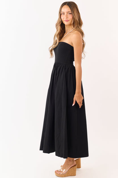 Black Strapless Knit Contrast Cotton Maxi Dress