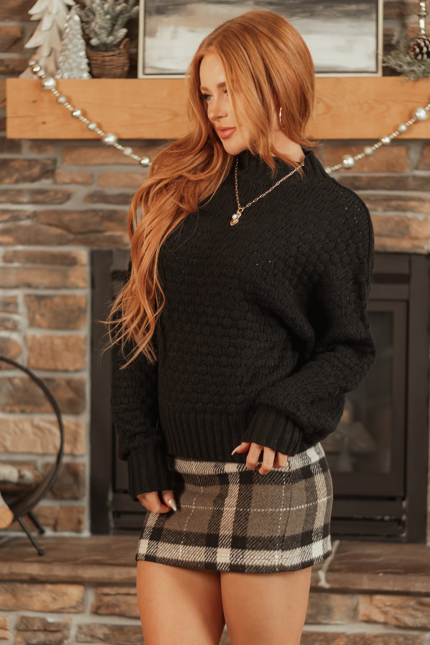 Black Textured Knit High Neck Sweater