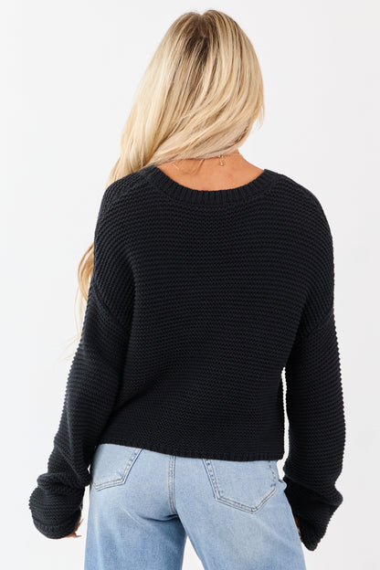 Black Textured Knit Long Sleeve Crop Sweater
