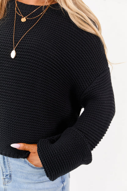 Black Textured Knit Long Sleeve Crop Sweater