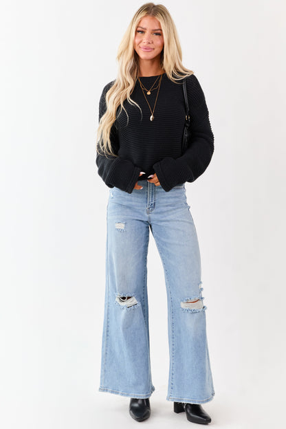 Black Textured Knit Long Sleeve Crop Sweater