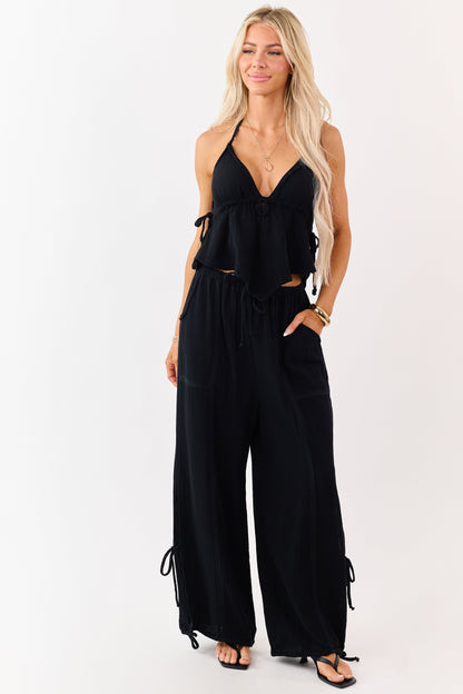 Black V Neck Cotton Gauze Halter Top