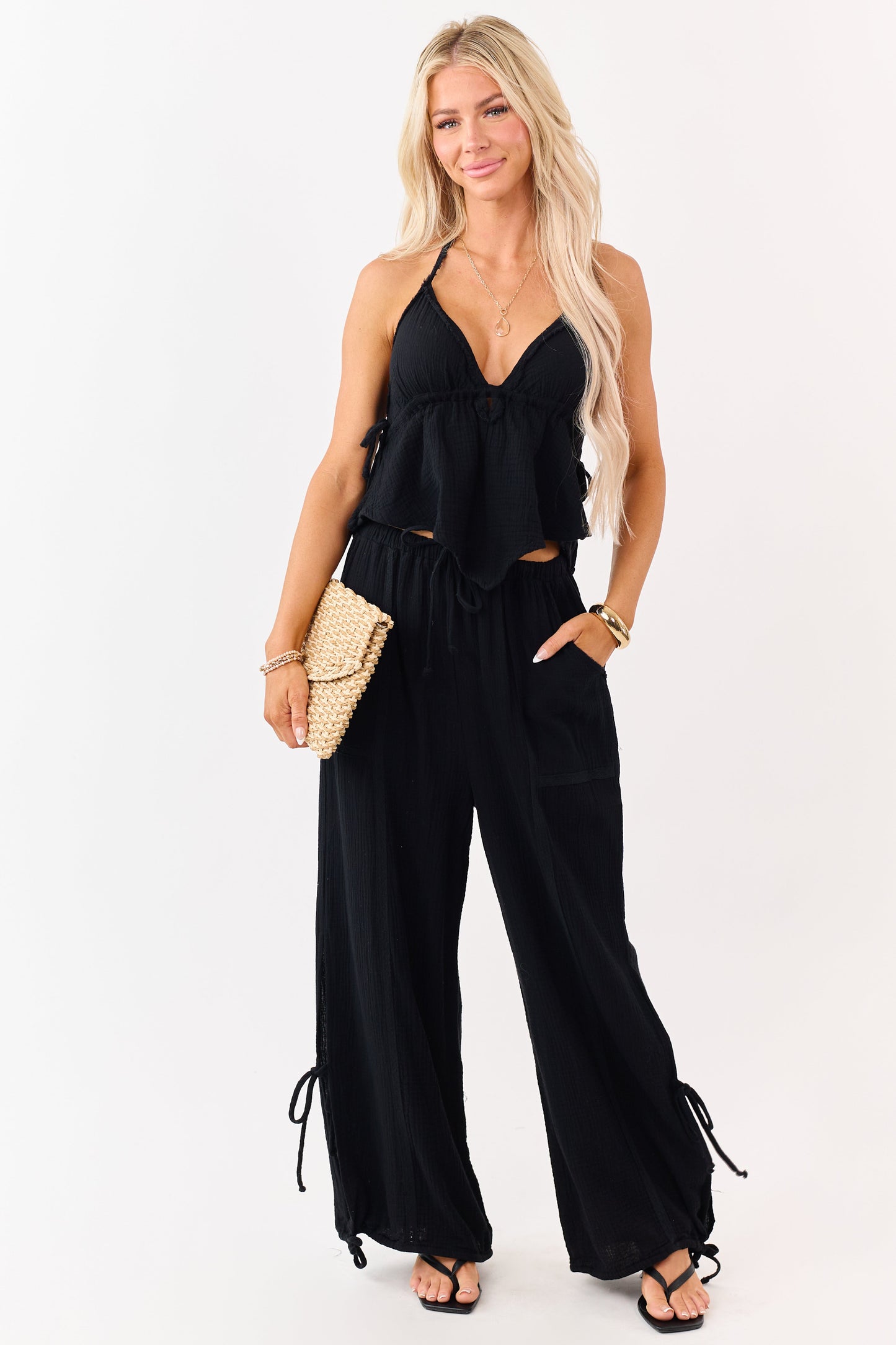 Black V Neck Cotton Gauze Halter Top