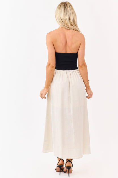 Black and Almond Colorblock Strapless Midi Dress
