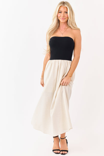 Black and Almond Colorblock Strapless Midi Dress