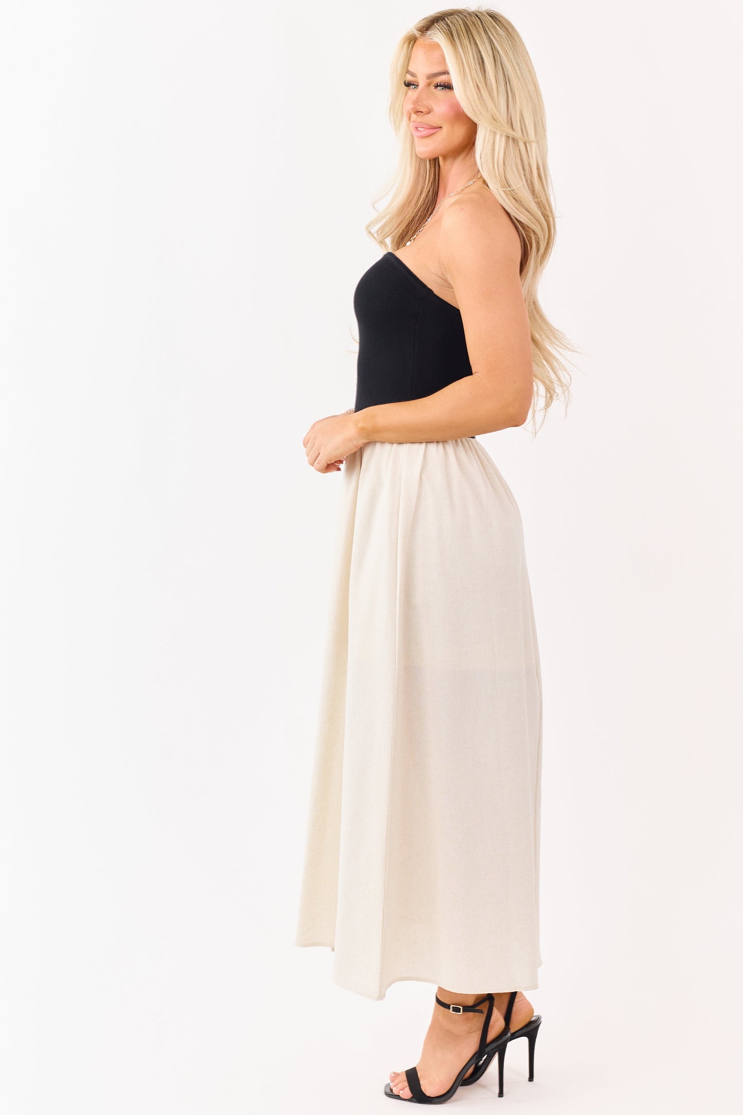 Black and Almond Colorblock Strapless Midi Dress