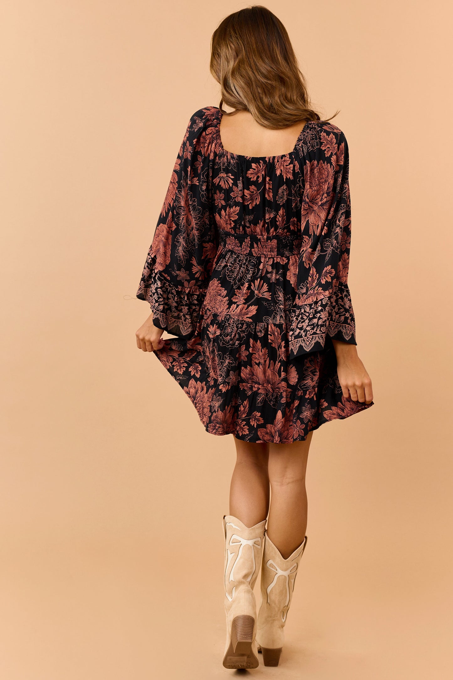 Black and Copper Floral Surplice Neckline Mini Dress